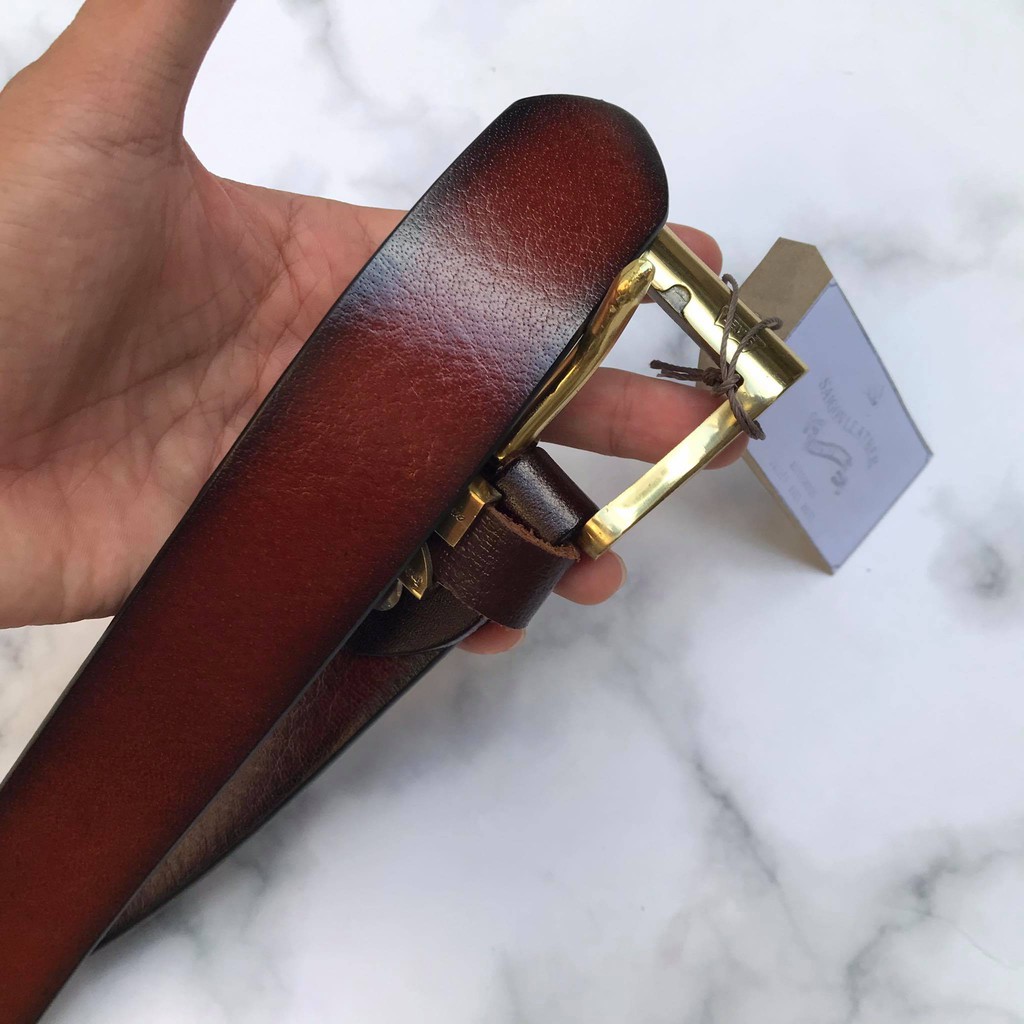 Dây Nịt Da Bò Tự Nhiên Viền Đen - Mặt Đồng Đúc Nguyên Khối LB006