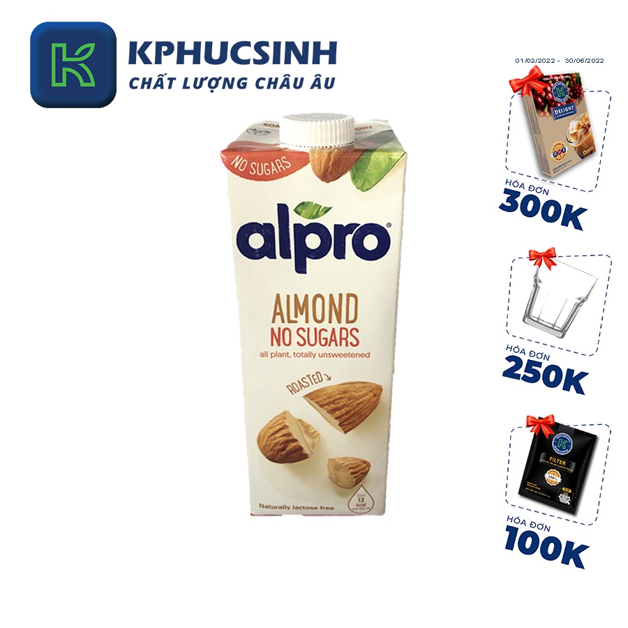 Sữa hạnh nhân nguyên chất không đường bổ sung dInh dưỡng hIệu Alpro 1l KPHUCSINH - Hàng Chính Hãng