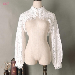 Áo khoác kiểu nửa người có cổ tay phồng dài dạng ren họa tiết hoa có nút cài cởi ra được