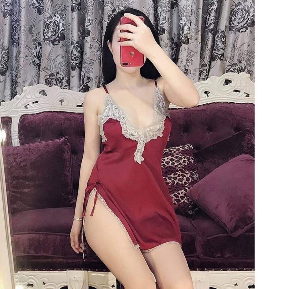 Váy ngủ lụa ren ngực sexy đầm ngủ hai dây xẻ tà hàng nhập cao cấp màu trắng