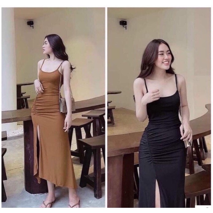 Đầm Body Hai Dây Nhún Eo Xẻ Tà