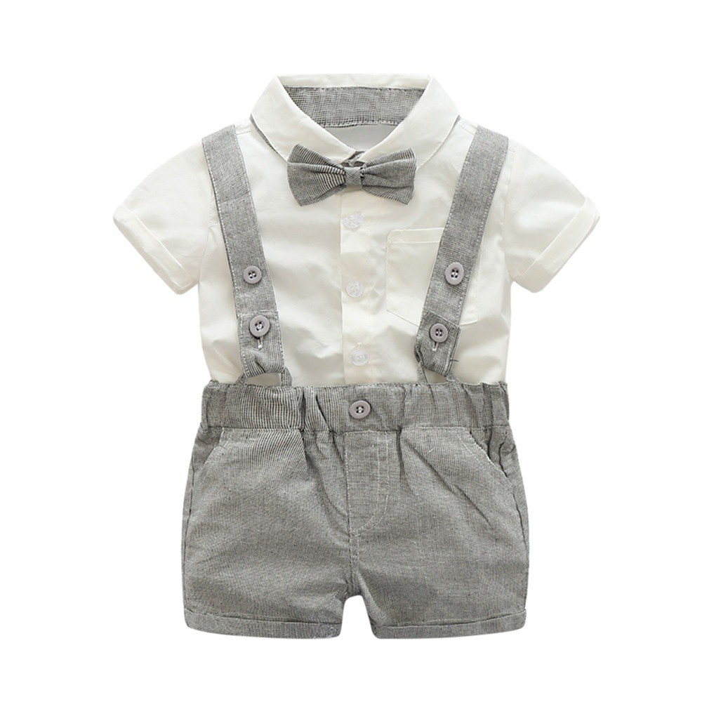 0-2yrs Tuổi Bé Trai Mùa Hè Đồ Vest Trang Trọng Bowtie Tay Ngắn T Áo Sơ Mi + Treo Bộ Quần Đùi Cho Bé Trai-168-GHIH5