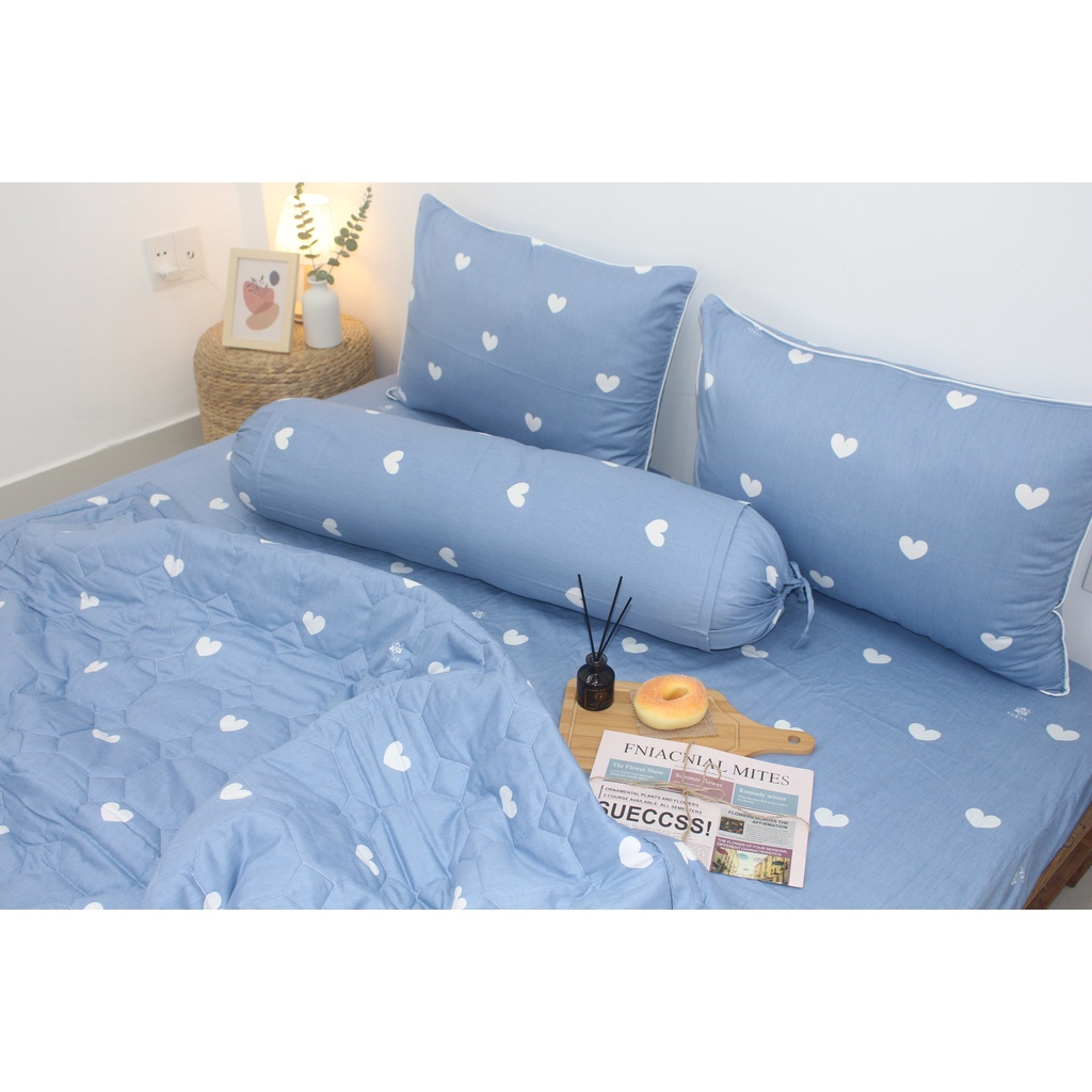 Bộ drap gối KHA LY - 100% cotton thiên nhiên - Tim - Xanh Lam -VN273