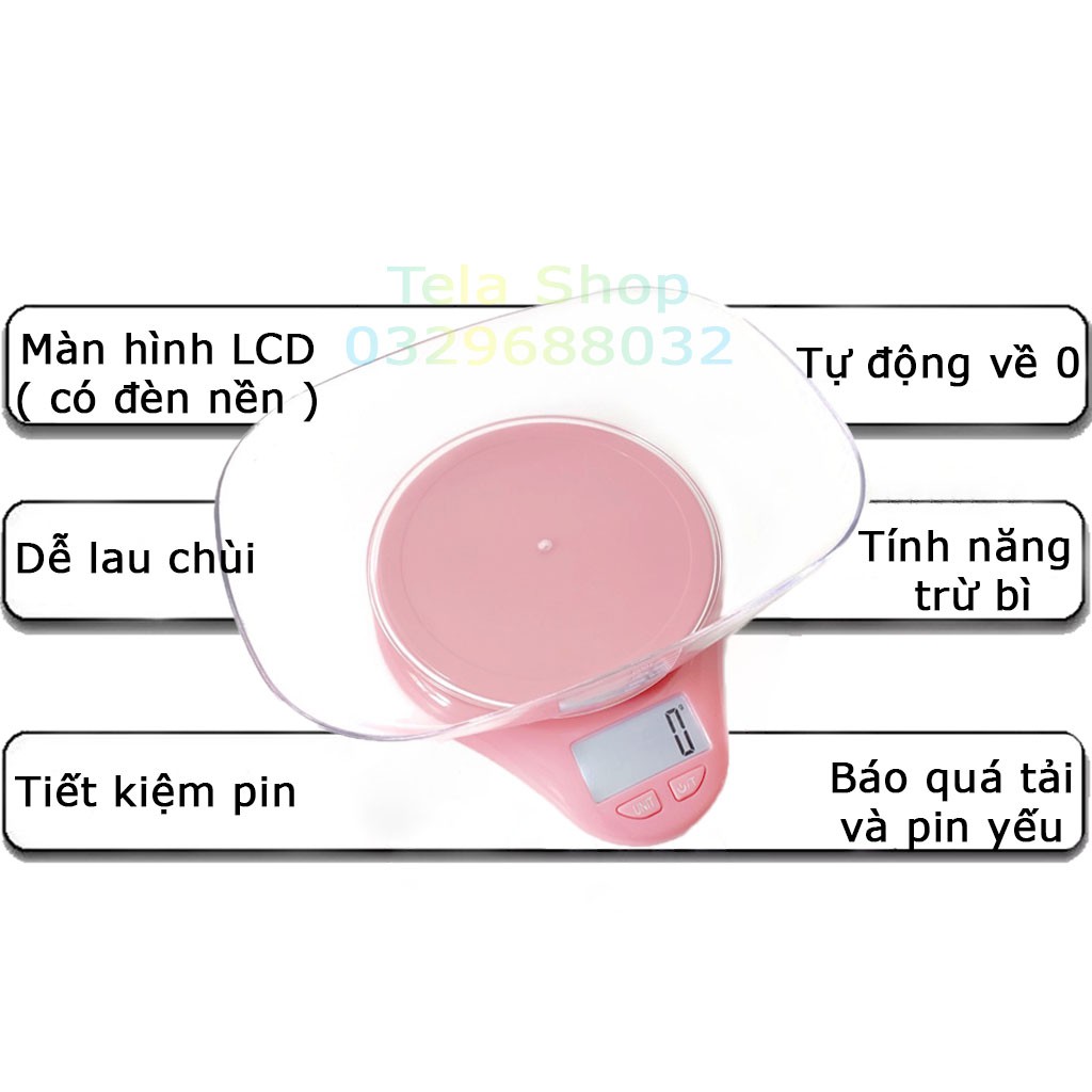 [BH 1 ĐỔI 1] Cân Điện Tử Nhà Bếp 5kg TLH Dùng Làm Bánh Tặng Tô Chứa 1 Lít Tela Shop