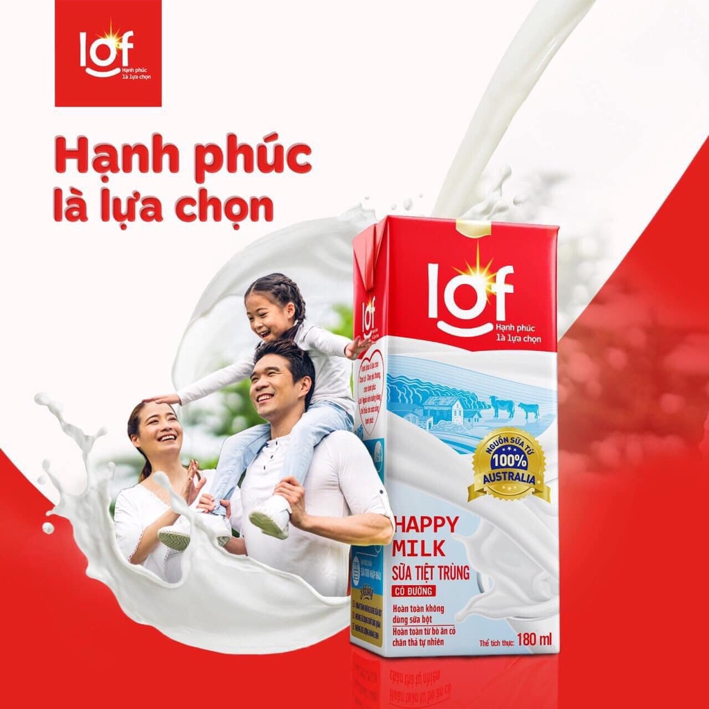 THÙNG 48 HỘP SỮA TIỆT TRÙNG LOF HAPPY MILK CÓ ĐƯỜNG 180ML