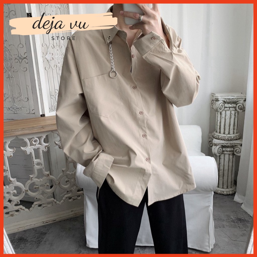 Áo sơ mi nam form rộng phối khoen cổ tay dài - SMK002