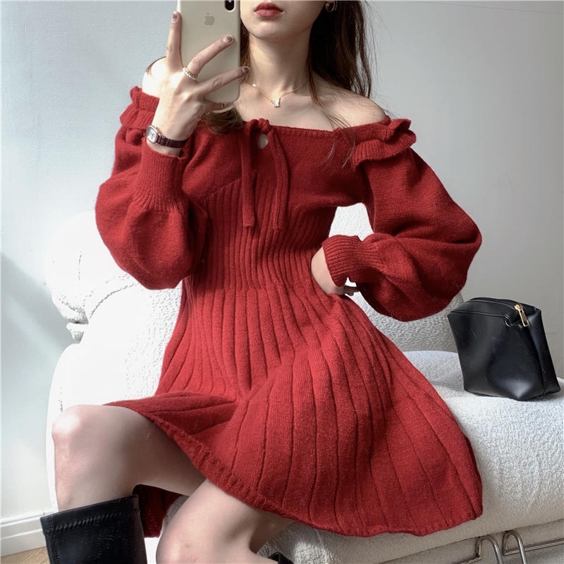 Váy len trễ vai ulzzang hàn quốc đẹp cao cấp V20 | BigBuy360 - bigbuy360.vn