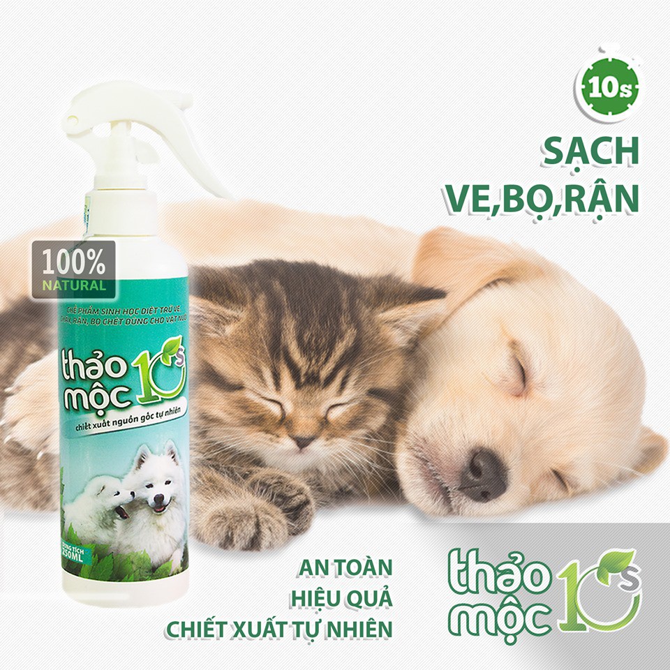 Bình Xịt Trị Ve, Ghẻ, Bọ Chét, Rận, Nấm Da Cho Chó THẢO MỘC 10S Chai Xịt 250ml 100% Sinh Học An Toàn Cho Sức Khỏe Thú Cư