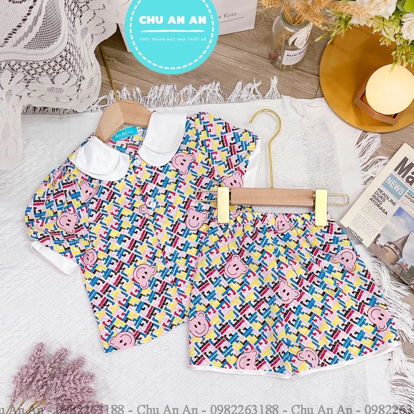 Bộ Ngủ Pijama Lụa Mango Phối Cổ Hai Lá - Pijama Bé Gái Cao Cấp Tay Cộc Họa Tiết Đáng Yêu