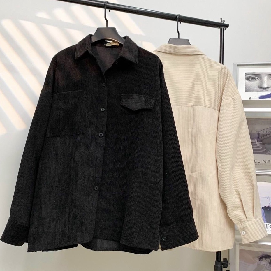 Áo Sơ Mi NHUNG GÂN TĂM THIẾT KẾ 1 TÚI 1 NẮP TÚI GIẢ Form rộng Unisex Nam/Nữ Phong Cách Hàn Quốc Ulzzang