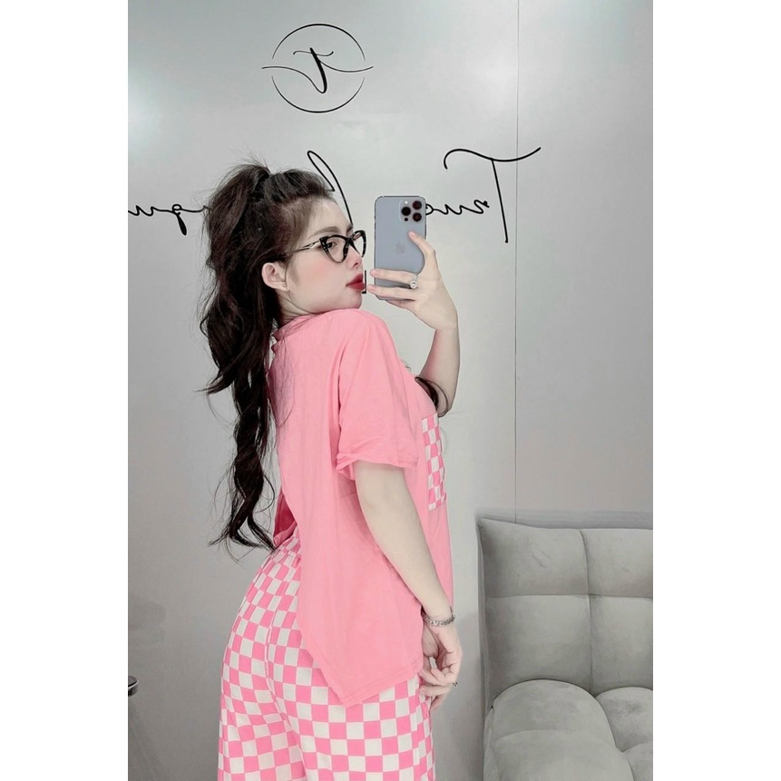 Set bộ thun nữ quần thun gân ống suông đứng phối áo thun trơn xẻ tà phía sau phối