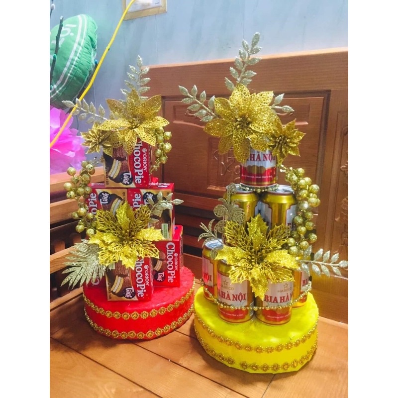 PHỤ KIỆN ,HOA TRANG TRÍ TẾT,QUÀ TẾT (1sét gồm (3 hoa chính +1 cành lá 1đế ...)