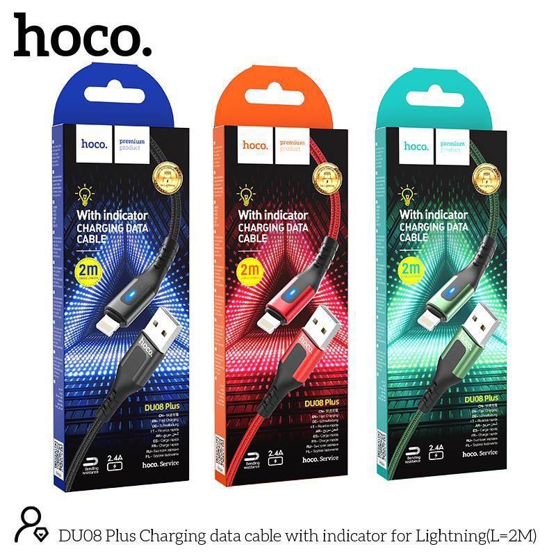 Cáp sạc Hoco DU08/DU08 Plus USB to Lightning, sạc nhanh 2.4A, dây bọc dù chống đứt, có đèn LED dài 1m/2m