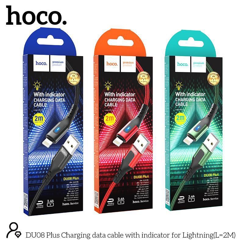 Cáp Hoco DU08/DU08 Plus Lightning USB dành cho iPhone/iPad, sạc nhanh 2.4A, dây bọc dù chống đứt ,có đèn LED, dài 1m/2m