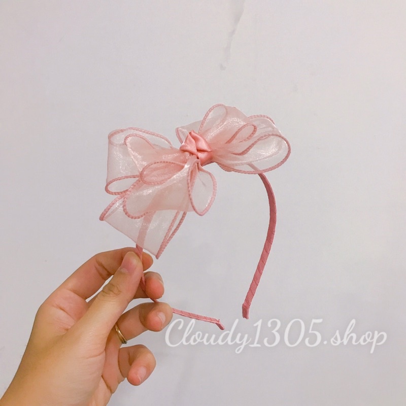 Bờm tóc nơ voan hồng nhiều lớp