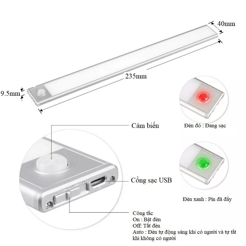 Bộ đèn LED cảm ứng tiện dụng gắn tủ quần áo , tủ chén ,tự động sáng , tích hợp pin sạc.