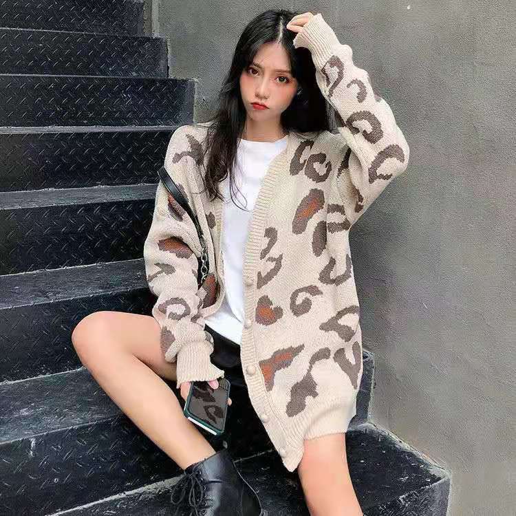 [FASHIONGREEN94] Áo khoác cardigan len họa tiết da báo dáng dài