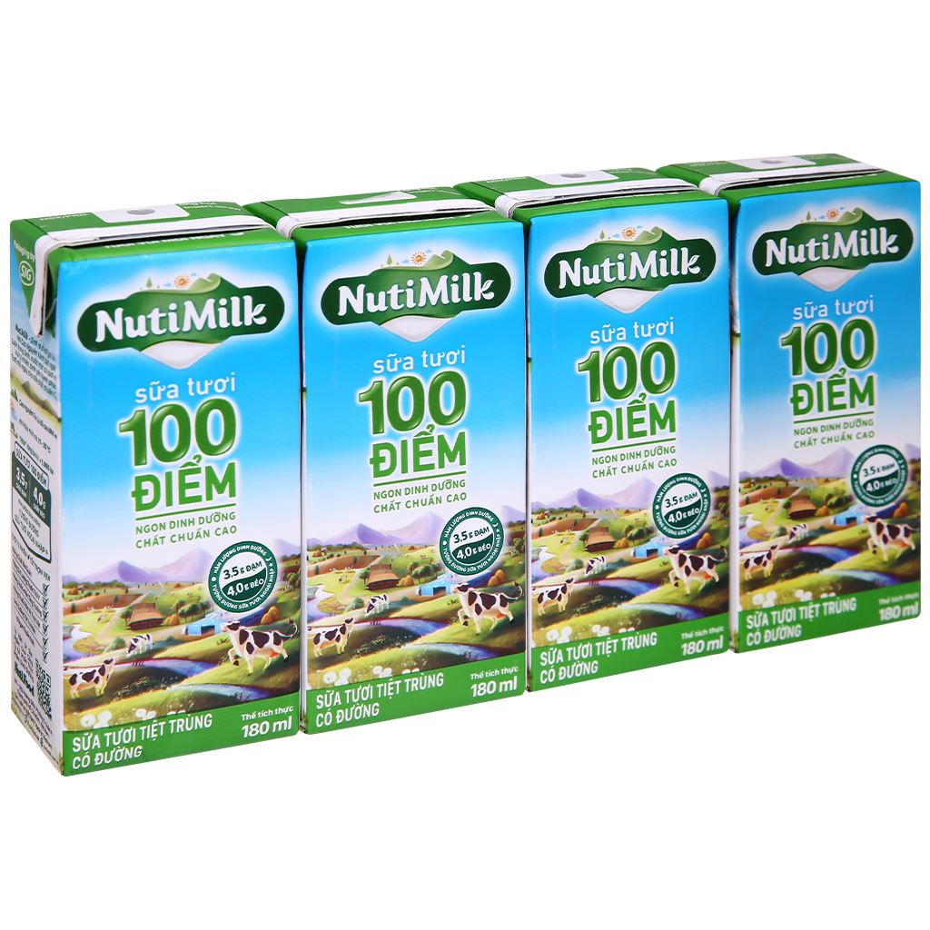 Lốc 4 hộp NutiMilk Sữa tươi 100 điểm - Sữa tươi tiệt trùng 180ml (Có đường, ít đường)