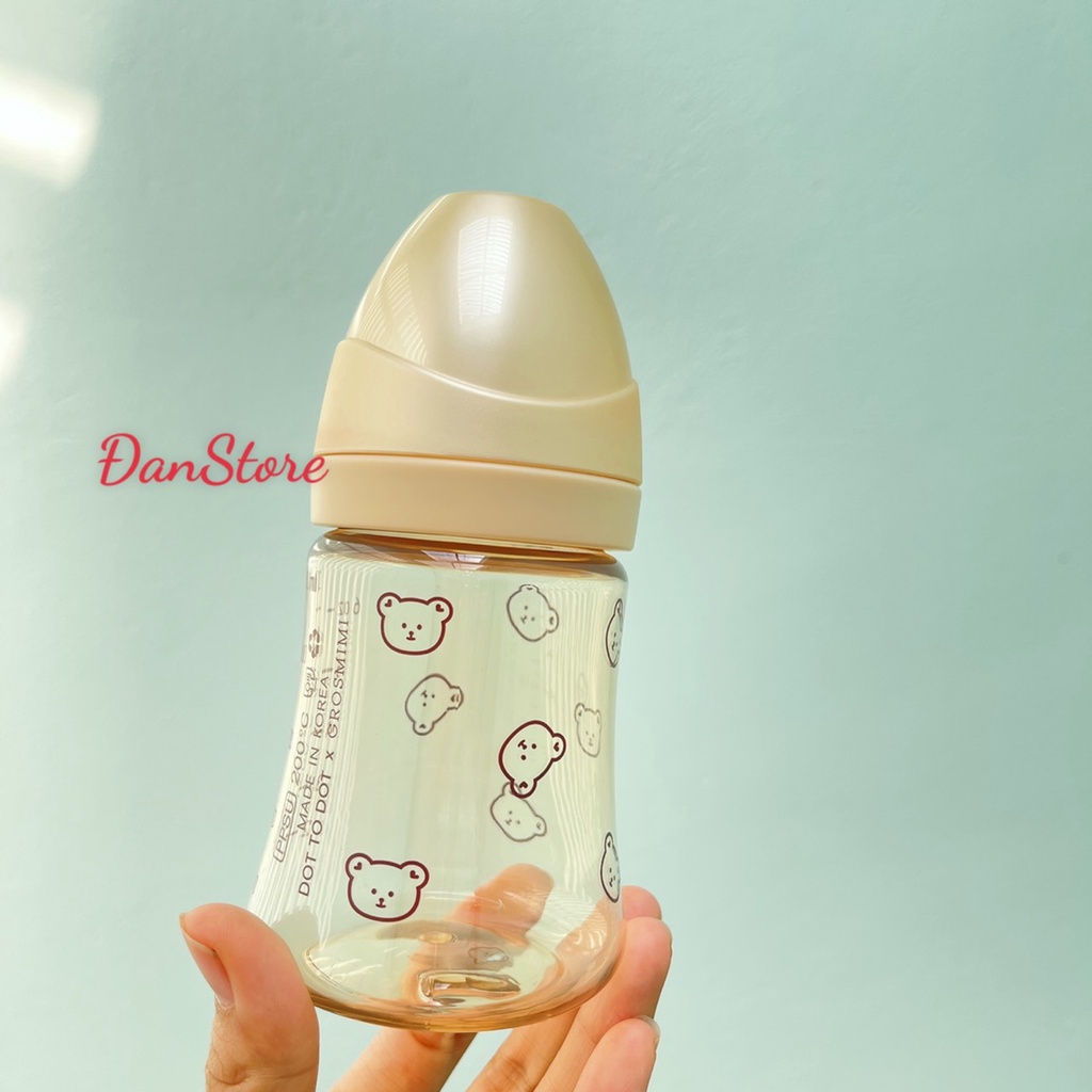 Bình sữa nhựa PPSU Hàn Quốc cho bé, Bình sữa hoạt tiết gấu bear size 200ml 300ml tùy chọn size núm tại HN, HCM
