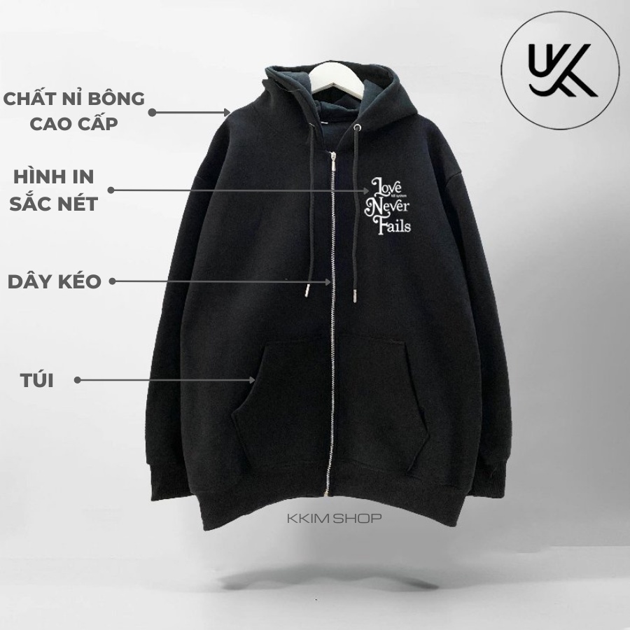 Áo Nỉ HOODIE ZIP Kill System Love Never Fails, Áo khoác hoodie dây kéo unisex nam nữ form rộng oversize nỉ bông cao cấp