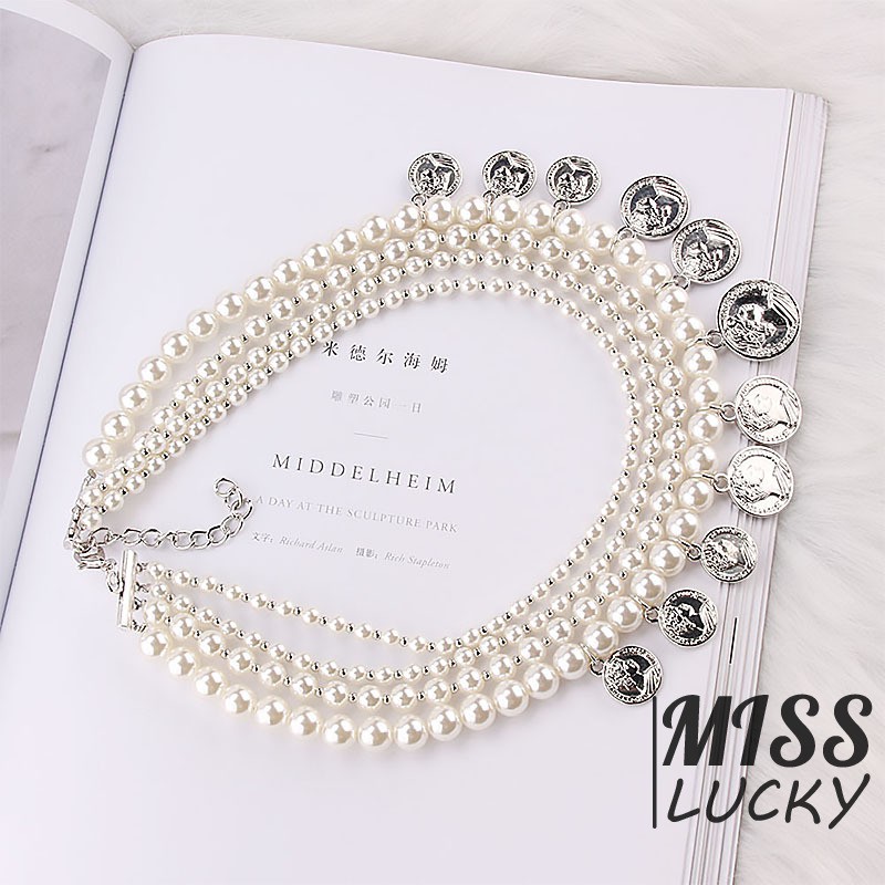 Vòng cổ chuỗi hạt ngọc trai nhân tạo nhiều lớp phối mặt kim loại phong cách cá tính cho nữ