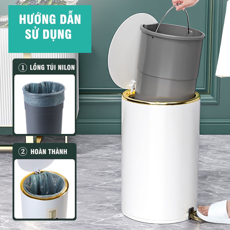 Thùng đựng rác inox tròn có nắp đậy và đạp chân cao cấp kèm giảm chấn và sáng bóng Vkit R12