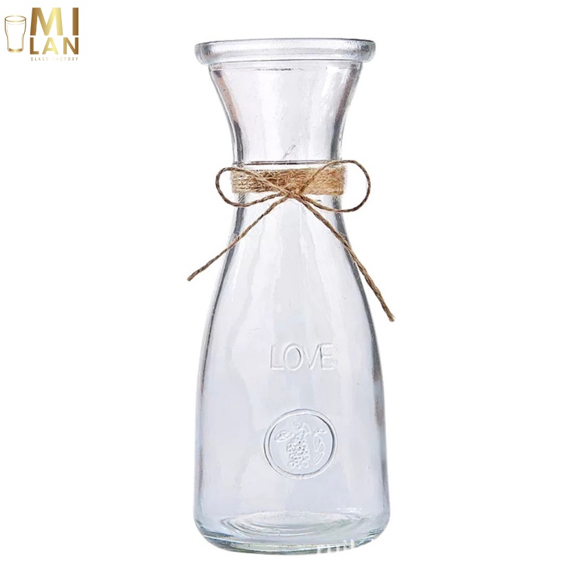 Lọ cắm hoa thủy tinh eo nhỏ 350ml và eo lớn 500ml dập nổi chữ LOVE tặng kèm 2m dây trang trí ML-E020