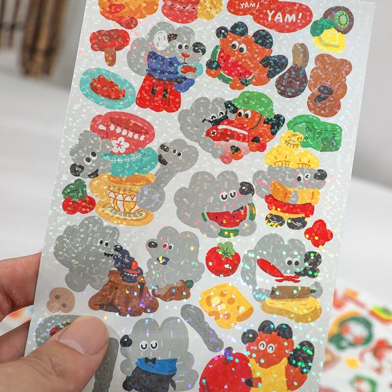 Sticker gấu cán nhũ lấp lánh trang trí sổ, toploader