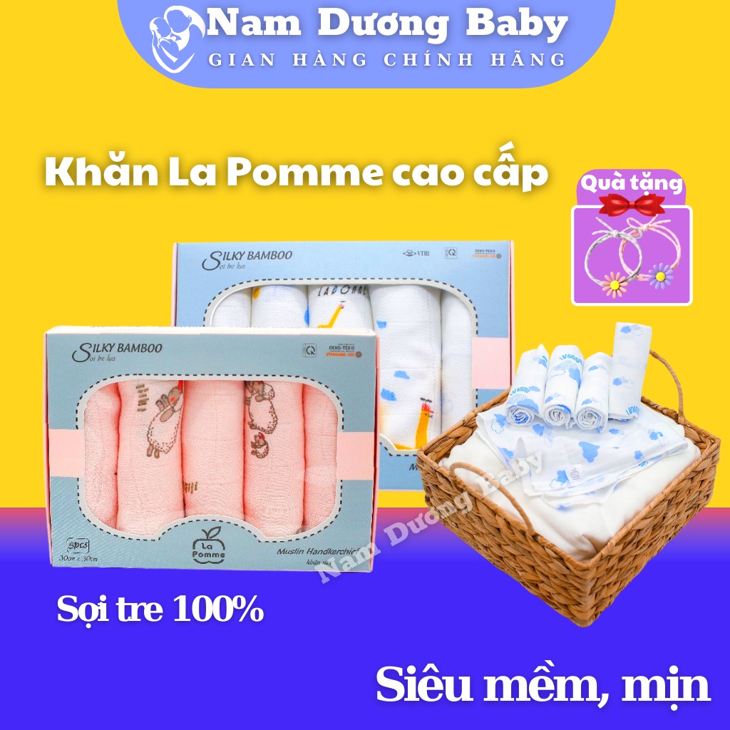 Khăn sữa cho bé sợi tre La pomme cao cấp, mềm mịn [hộp 5 chiếc 30cmx30cm] Khăn sữa sợi cho bé an toàn 100% sợi tre