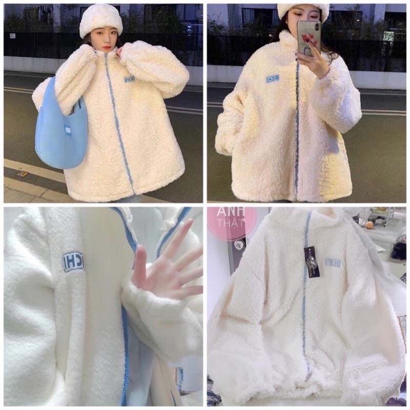 Áo Khoác Lông Cừu PICHI Ulzzang Dạo Phố Phong Cách Cổ Cao- Áo Lông Kéo Khoá Thêu Logo Unisex Hàn Quốc