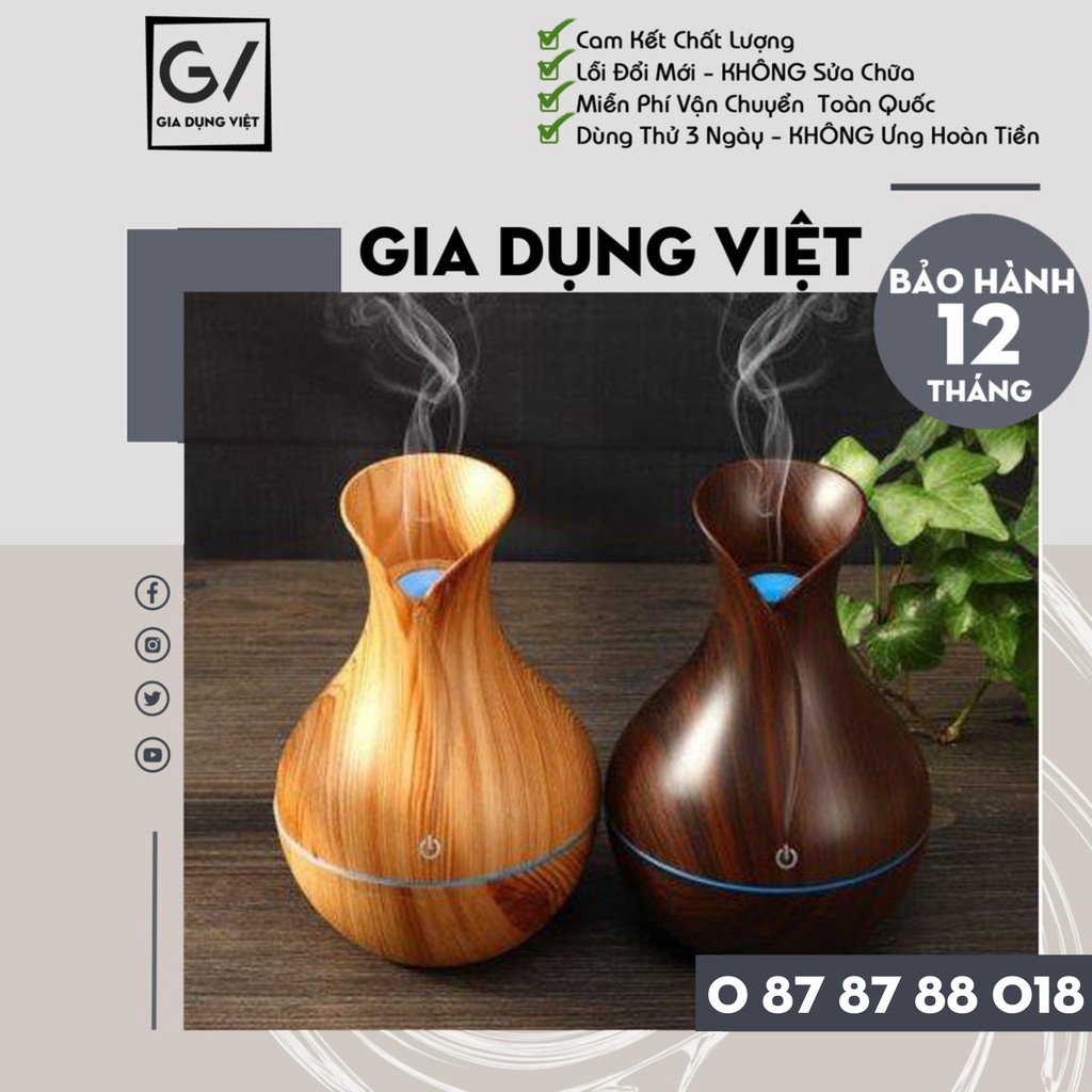Máy xông tinh dầu ô tô, máy xông cổ cao thiết kế vân gỗ có đèn sang trọng, kiểu dáng lọ hoa