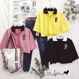 Áo croptop xương rồng cổ polo tay lỡ NU-GB xinh xan kem anh that