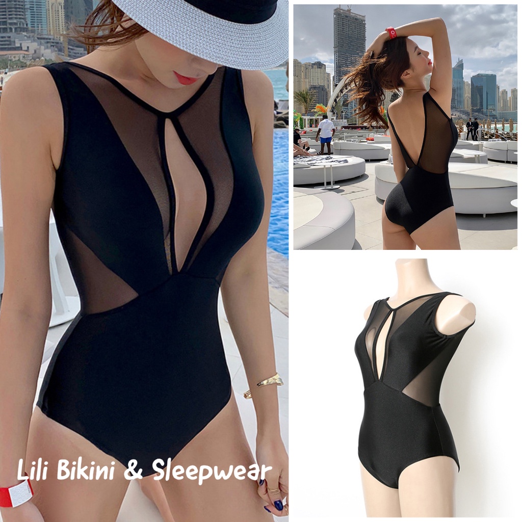 (Mẫu mới 2023) Bikini đồ bơi một mảnh Hàn Quốc cắt xẻ táo bạo sexy màu đen tôn dáng