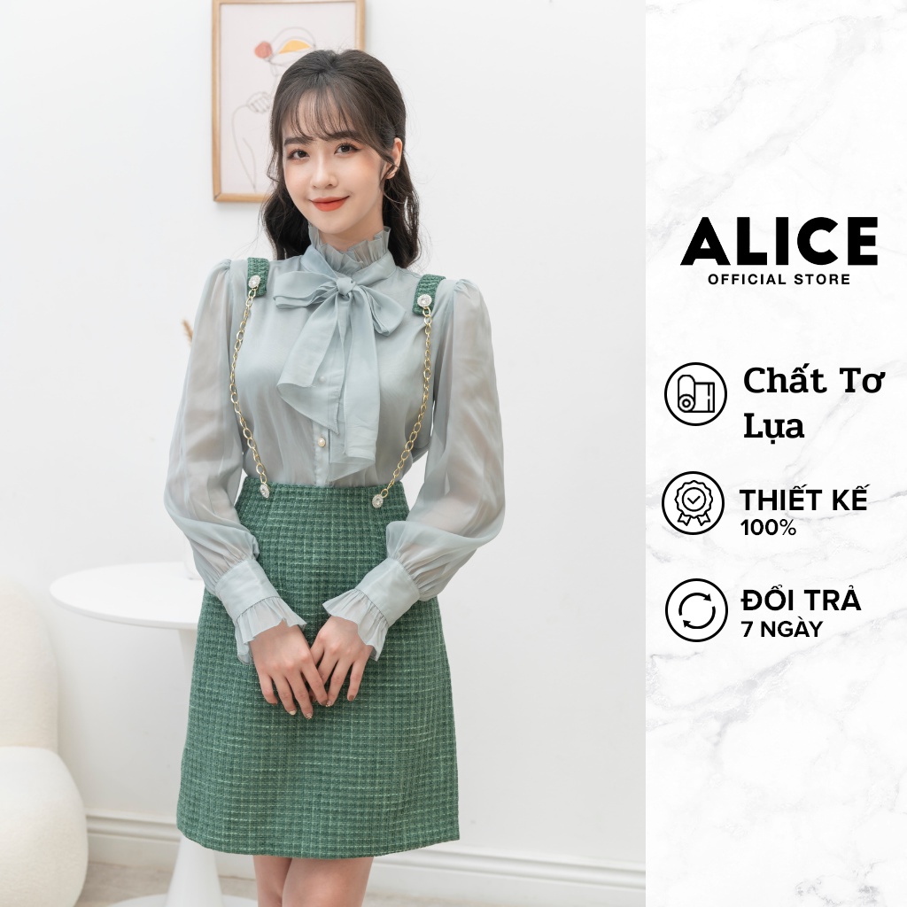 Set Áo Sơ Mi Và Chân Váy Dạ Tweed Lót Quần ALICE Chất Áo Tơ Lụa Mềm Mịn Cổ Bèo Thắt Nơ Thanh Lịch V754