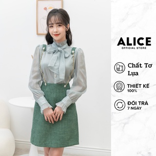 Set áo sơ mi và chân váy dạ tweed lót quần alice chất áo tơ lụa mềm mịn cổ bèo thắt nơ thanh lịch v754