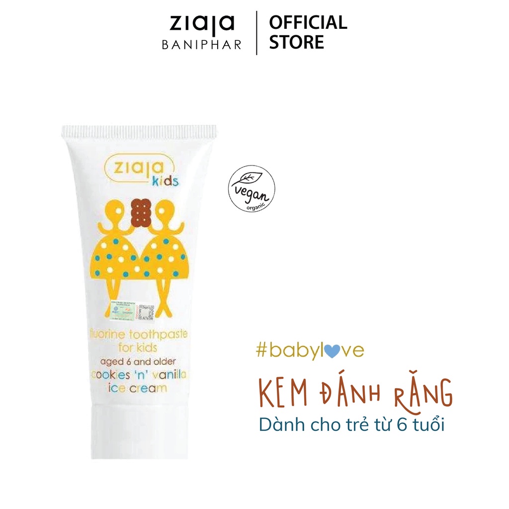 Kem Đánh Răng Cookies &amp; Vanilla Ice Cream Ziaja Kids ZIAJA BANIPHAR Chăm Sóc Bảo Vệ Răng Miệng Cho Trẻ Từ 6 Tuổi 50ml