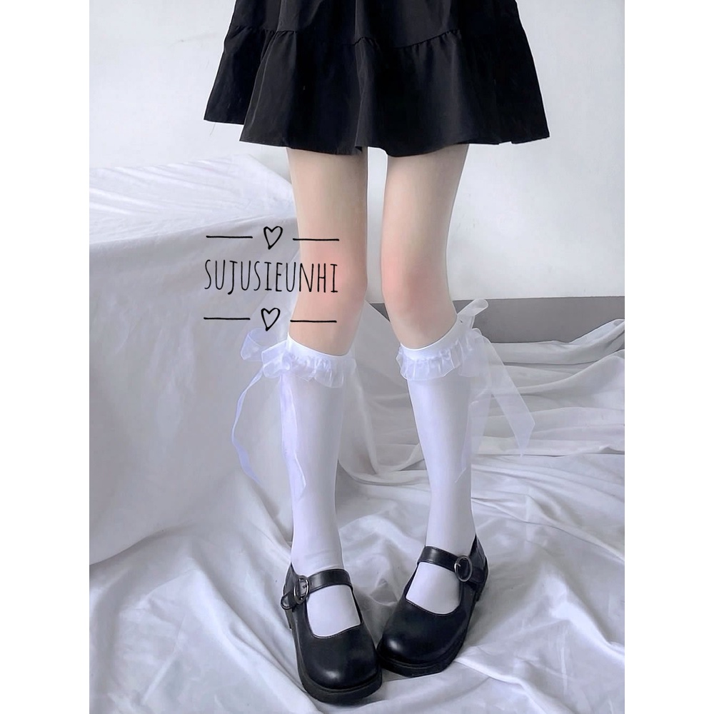 (đen, trắng)Tất/Vớ bắp trơn thắt nơ voan lolita chất liệu mềm mịn, co giãn