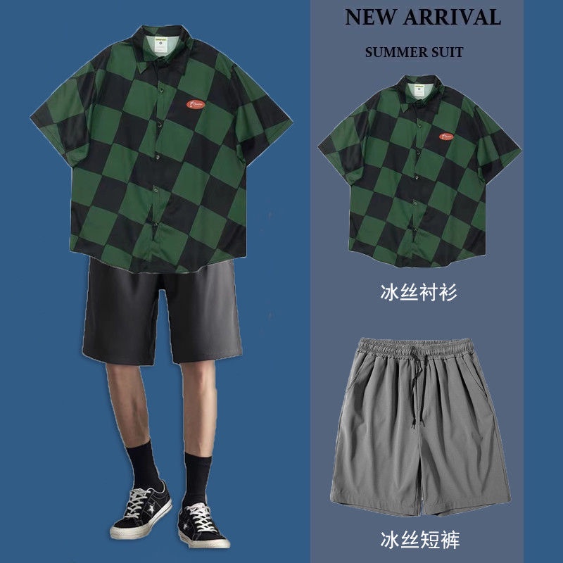 Set Áo Sơ Mi Tay Ngắn Họa Tiết Sọc Caro Và Quần Short Phong Cách Retro Cho Nam