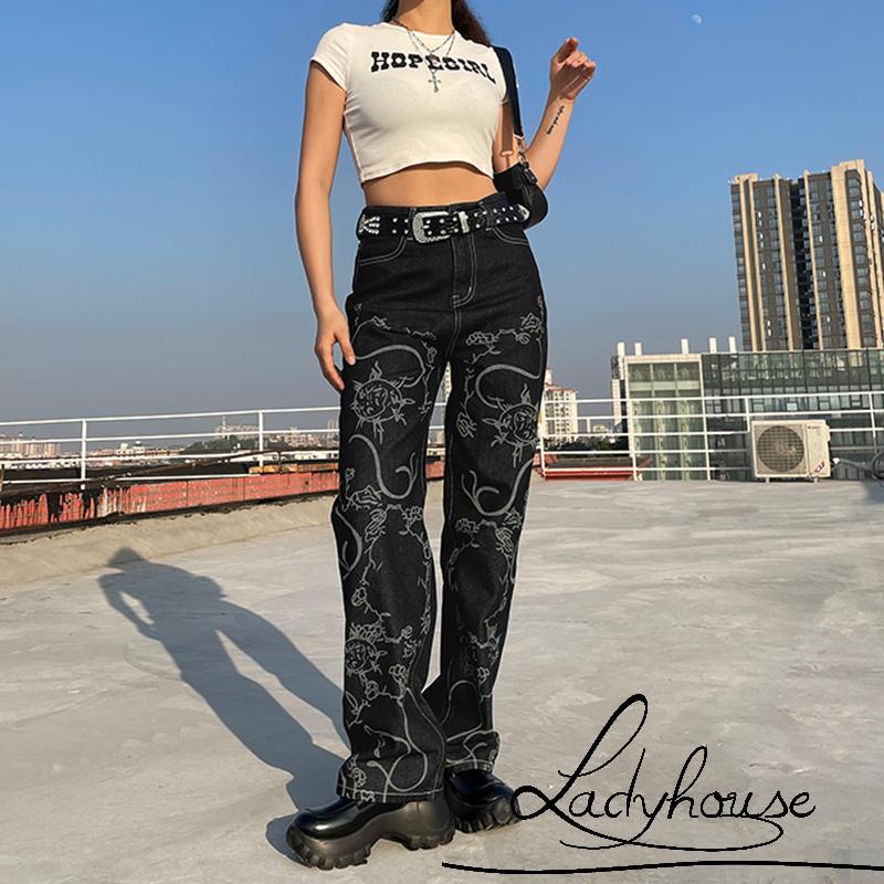 Quần jeans dài lưng cao ống rộng thời trang cho nữ