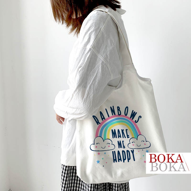 Túi Tote Vải Canvas Đeo Vai In Hình Rainbows Make My Happy Có Khóa