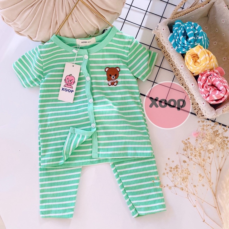 SALE !!! BỘ GÂN KẺ ÁO CỘC QUẦN DÀI XOOP CÚC GIỮA THÊU GẤU CHO BÉ (8-19kg) (SP001619 ) SHOP PHÚC YẾN