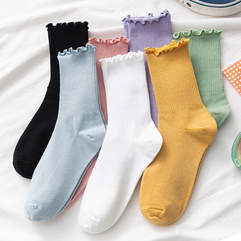 Tất nữ cao cổ bèo nhún 7 màu phong cách hàn quốc xinh xắn dễ thương chất liệu thoáng mát thấm hút mồ hôi