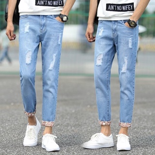 Quần Jean Nam Rách 9 Quần Jean Mỏng Phong Cách Hàn Quốc【XJ0041-Biru muda】