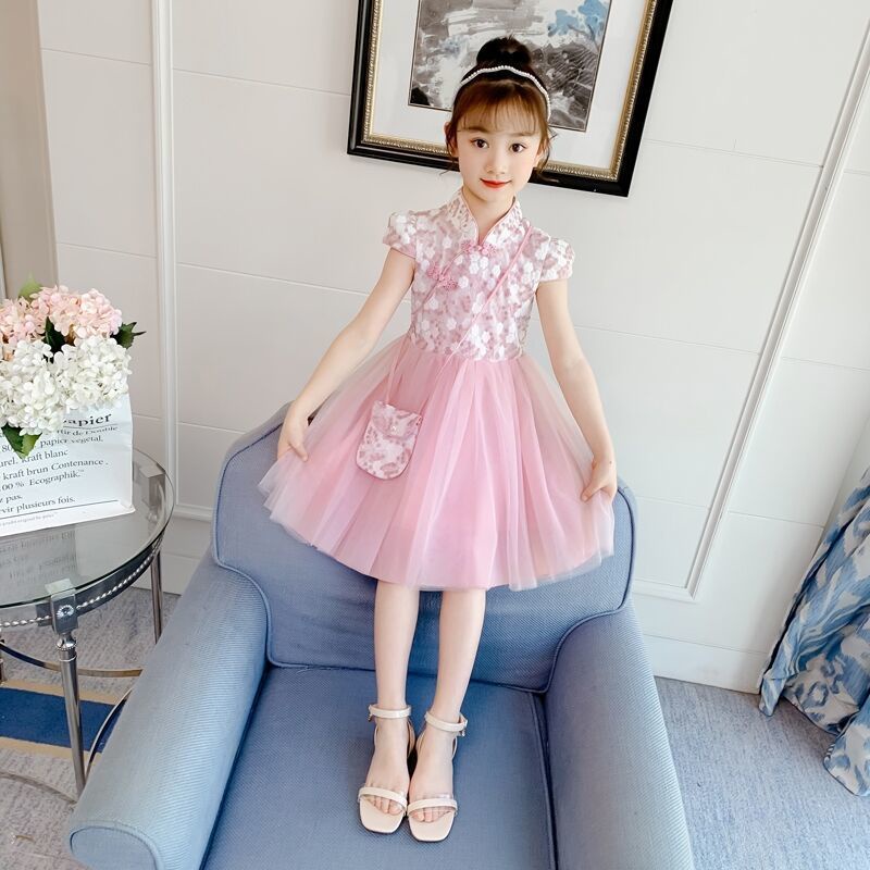 Đầm Sườn Xám Công Chúa Phối Lưới Thời Trang Mùa Hè Cho Bé Gái