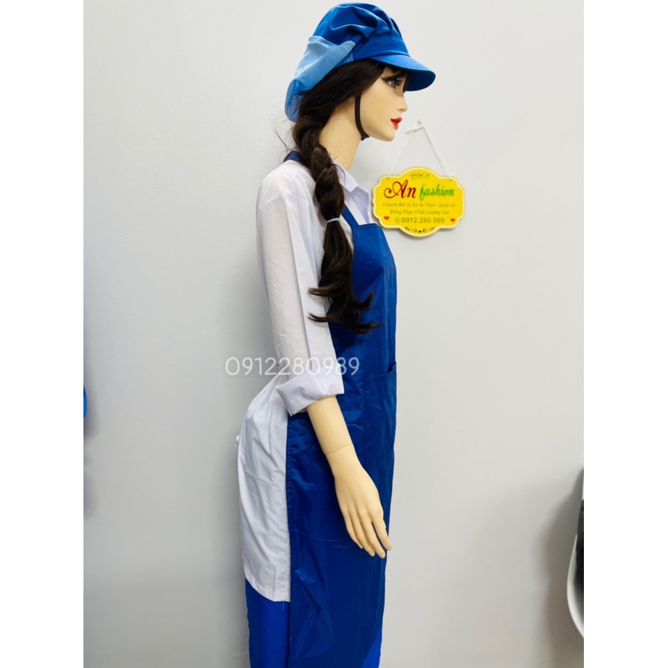 Tạp dề yếm chống thấm nước có túi màu xanh dương, tạp dề thủy sản _ Hình chụp thật