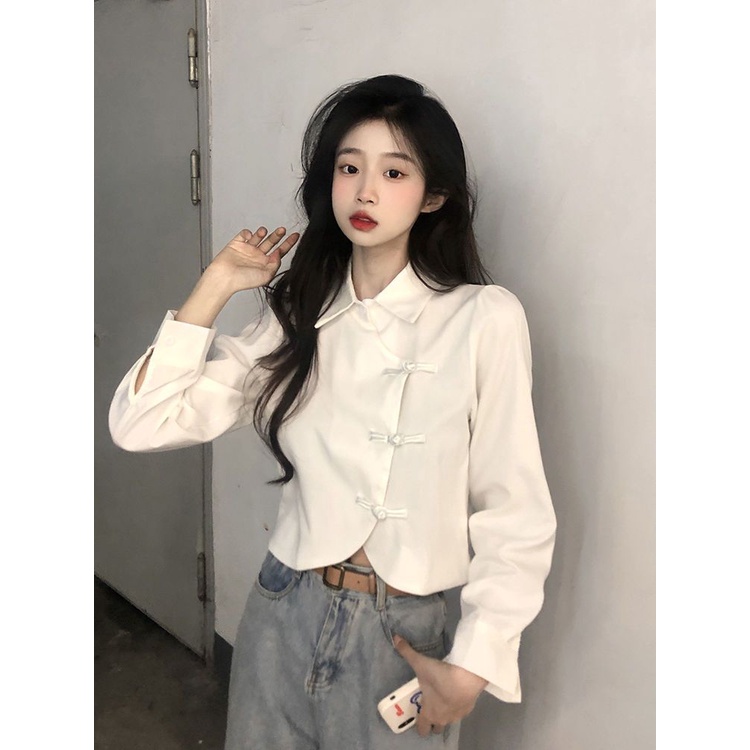 Áo Sơ Mi Ngắn Tay Dài Màu Đen Phối Nút Thời Trang Vintage Trung Hoa