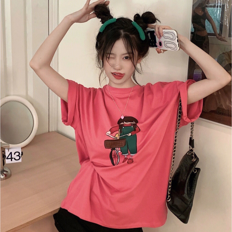 Áo Thun Ngắn Tay Dáng Rộng In Họa Tiết Hoạt Hình Dễ Thương Thời Trang Mùa Hè Cho Nữ