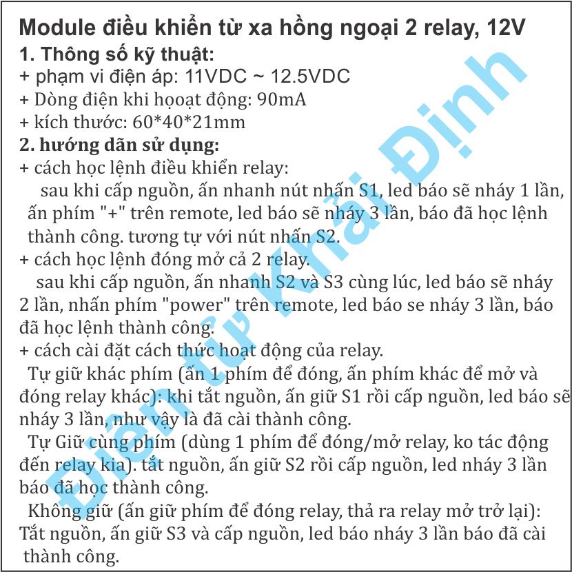 module điều khiển từ xa hồng ngoại 2 relay 12v học lệnh + remote Hồng ngoại 2 kênh kde2131