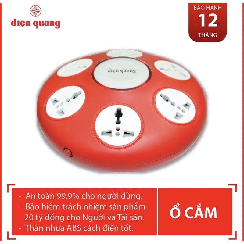Ổ cắm Điện Quang ĐQ ESK WR.UK986 (Kiểu UFO 6 lỗ 3 chấu màu Trắng Đỏ), Dài 2m