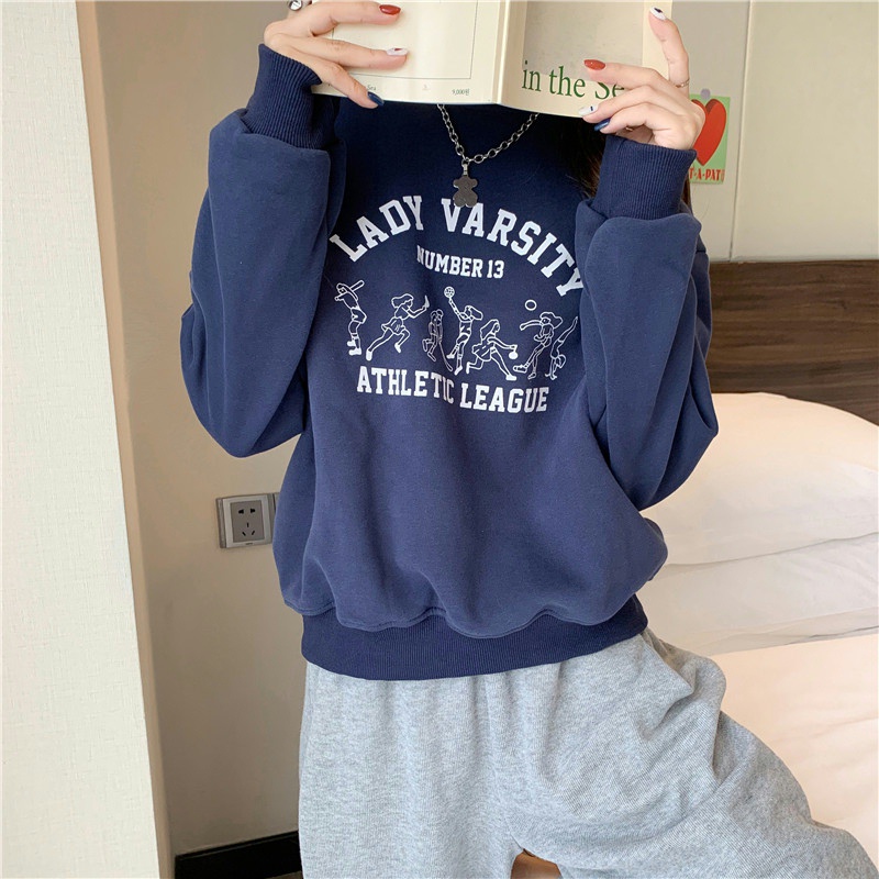 SUXI Áo Sweater Mỏng Cổ Tròn Tay Dài Dáng Rộng In Chữ Thời Trang Cho Nữ